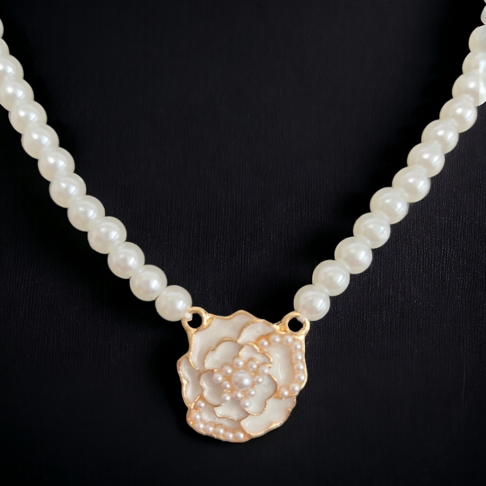 Camellia Flower Pearl Pendant Necklace